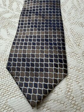 Joseph & Feiss Mens Tie Necktie Geometric Squares Browns Blue 100% Silk